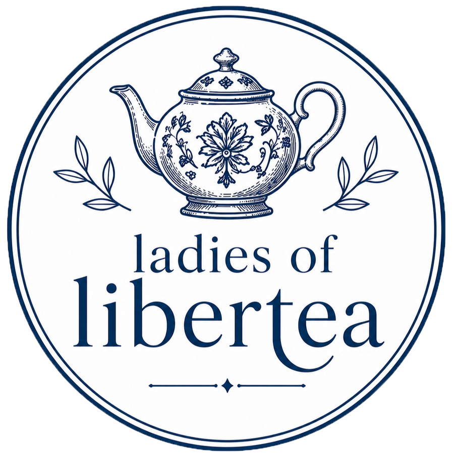ladies of libertea logo: teapot and tea leaves