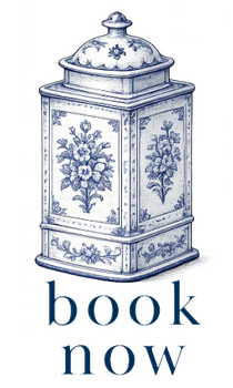 Ladies of Libertea booking page link A blue and white tea caddy with the word "book now" underneath it